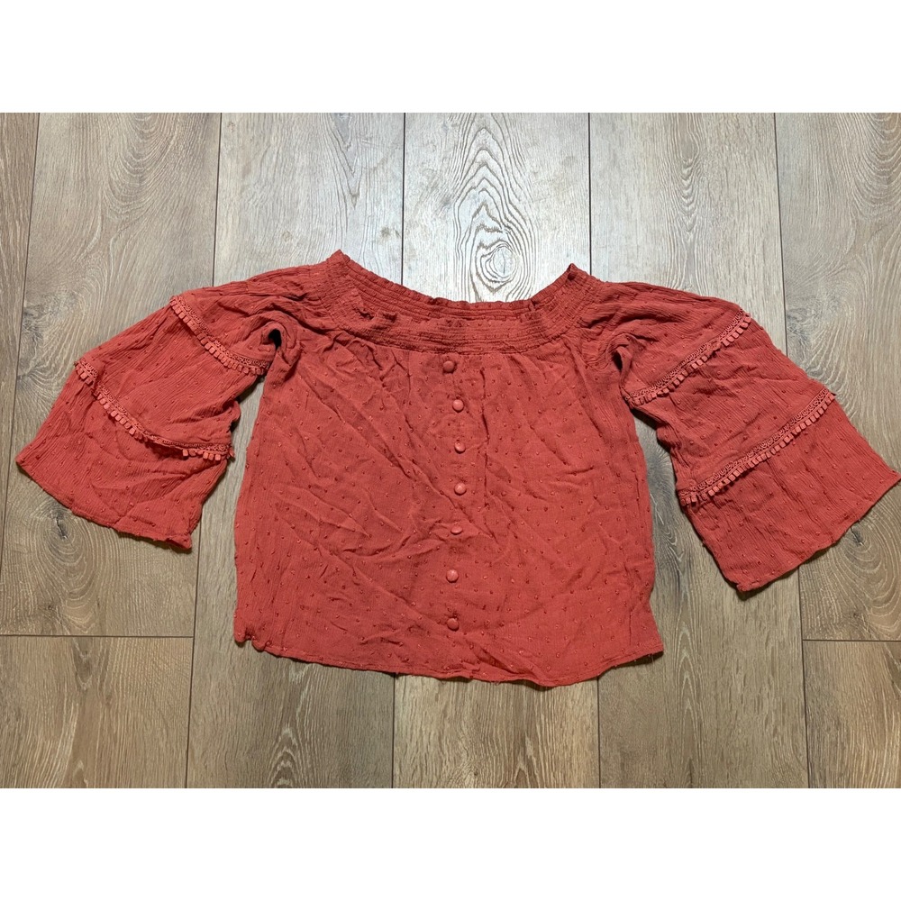 Fashion on Earth Womens Rust Swiss Dot Off Shoulder Bell Sleeve Boho Top Size M